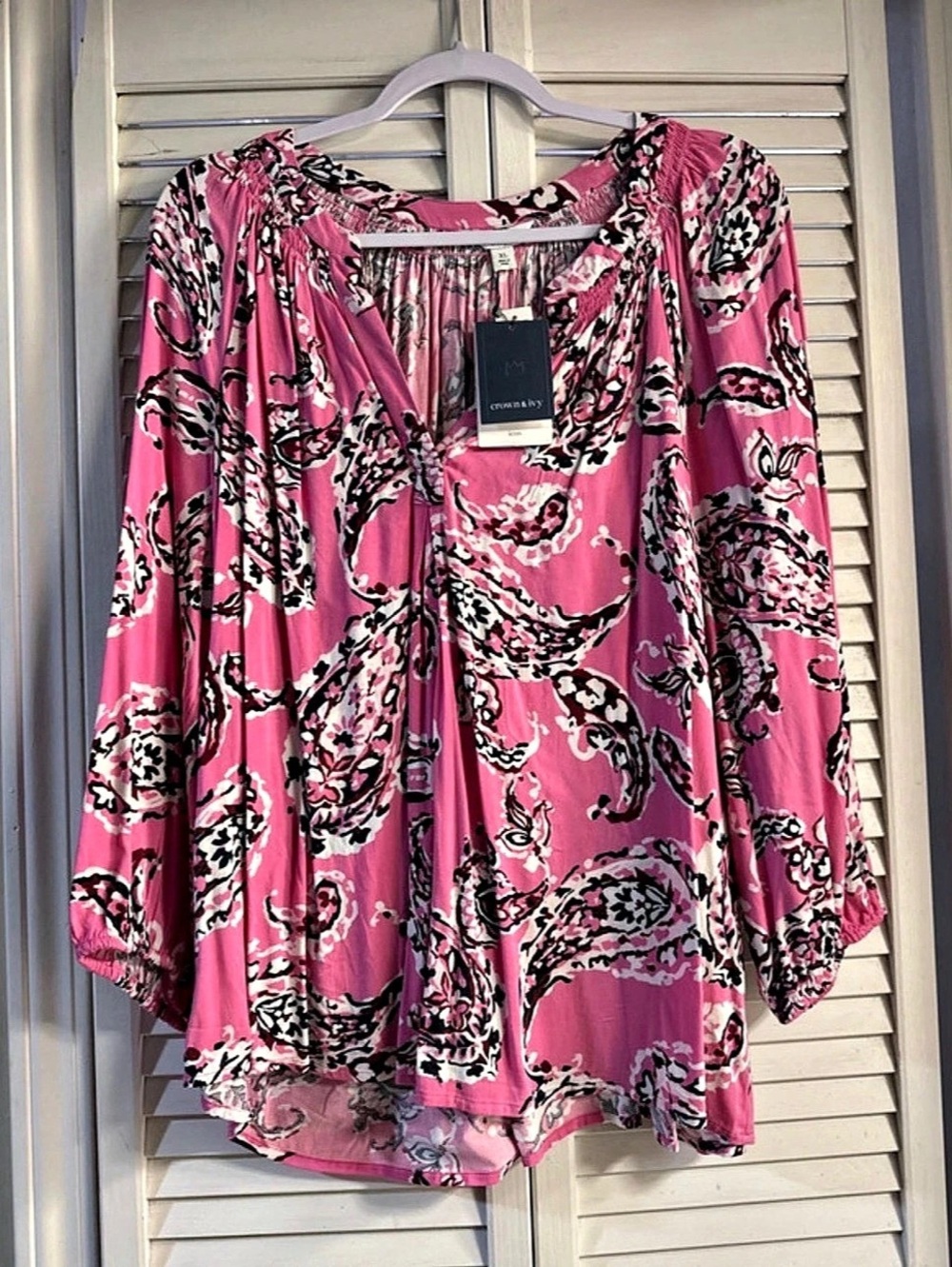 Crown & Ivy Icon Peasant Paisley Blouse in Pink & Black XL NWT